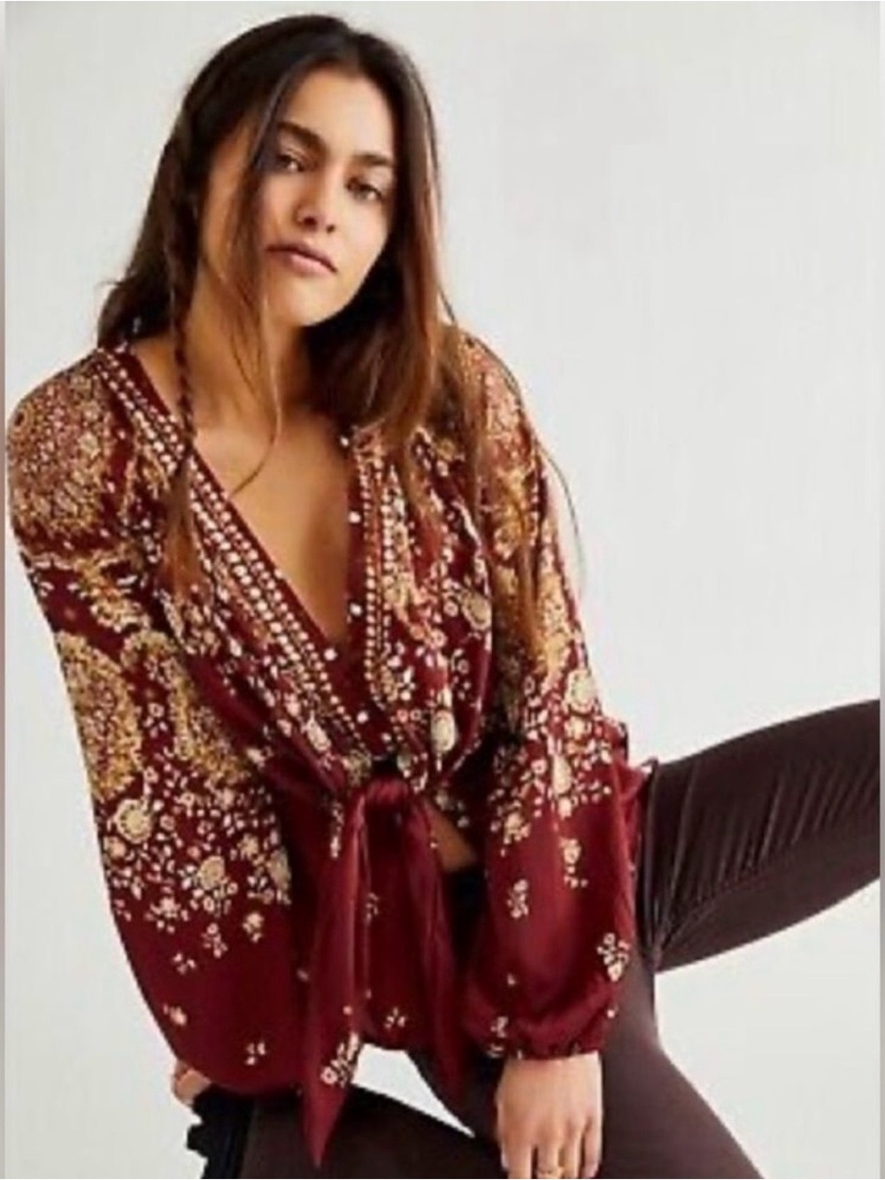 Free People Run Free Burgundy Floral Tie-Front Silky Balloon Sleeve Blouse